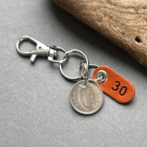 30th birthday gift, 1994 Irish ten pence coin 10p key ring, Eire key chain, Celtic Ireland bag clip, 30th anniversary present