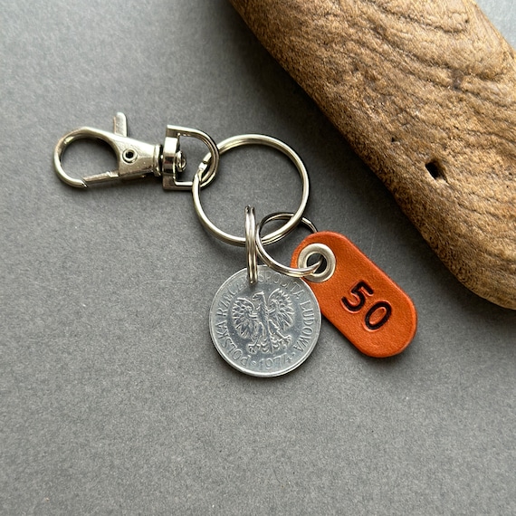 50th birthday gift 1974 Polish coin keyring, 50 groszy keychain, Poland Anniversary present