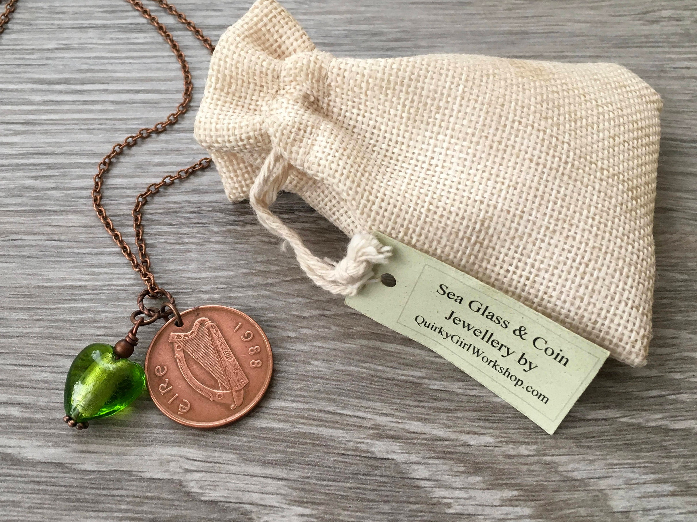 1988 Irish coin pendant, 30th birthday, anniversary gift, green glass heart, Celtic necklace ...