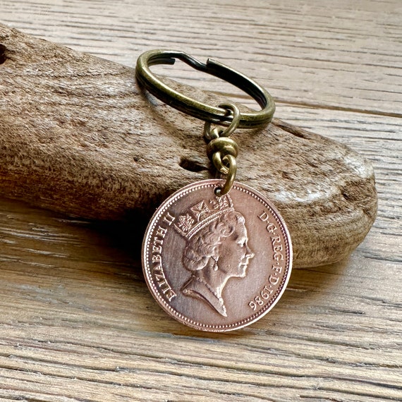 1986 British two pence coin keychain, choose coin year for perfect birthday or anniversary gift