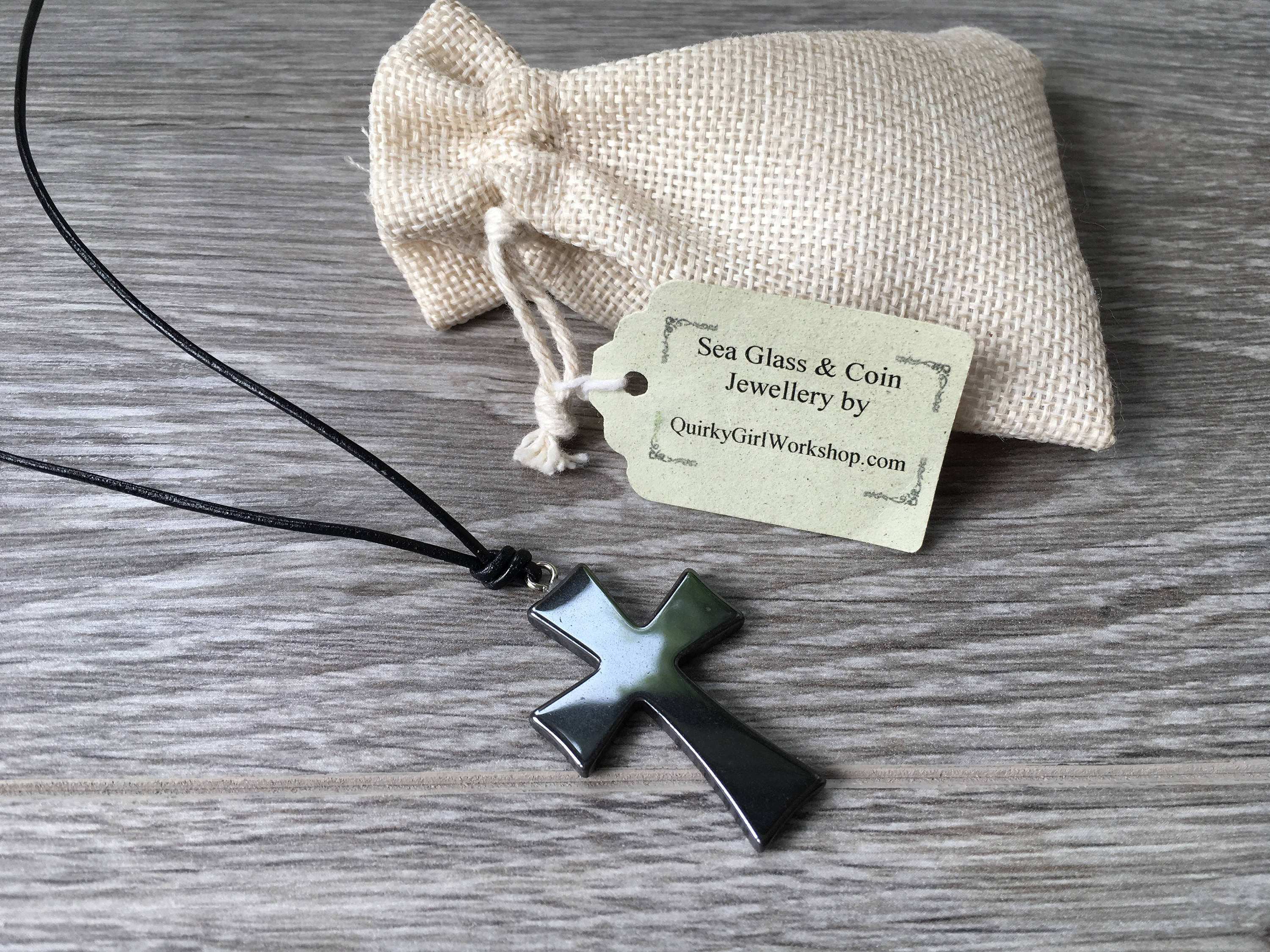 Long Hematite Cross necklace, large cross pendant, boho hematite