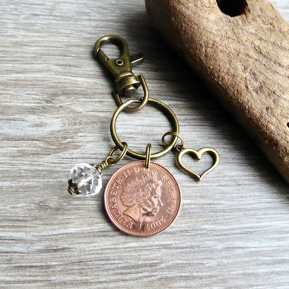 Crystal anniversary gift, 15th Anniversary, 2007 British two pence coin keyring, keychain or clip