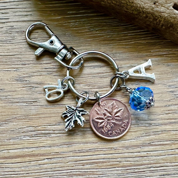 70th birthday gift,  1954 Canadian penny, Canada one cent bag clip, initial and birthstone colour, 70th birthday or anniversary gift in 2024