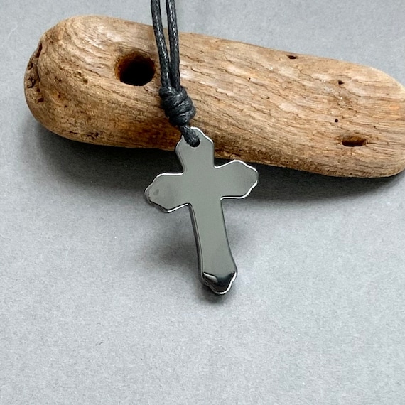 Large Hematite Cross necklace, on a thick black Cotton cord, long cross pendant,