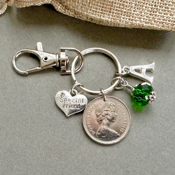 1968 old style five pence coin (5p ) birthstone charm, bag clip, choose initial and birthstone colour, 56th birthday for a special friend