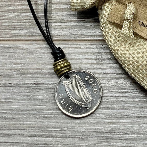 An Irish coin minted in 2000 handmade into an adjustable necklace, Ireland birth year coin a for a perfect 24th birthday or anniversary gift