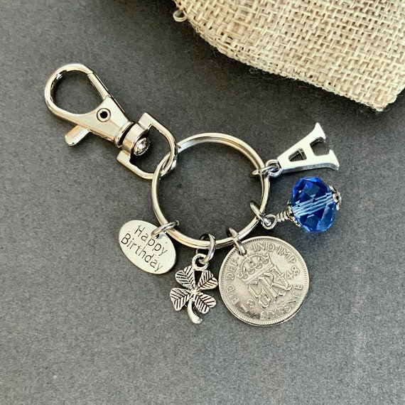 1948 lucky sixpence charm bag clip, personalised gift, choose initial and birthstone colour, 76th birthday gift, nostalgic gift