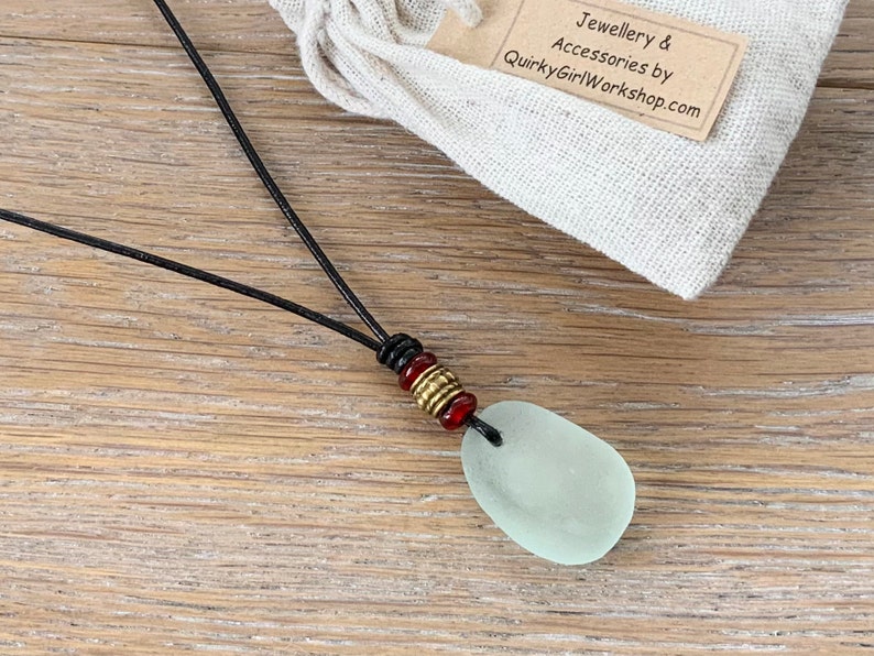Cornish sea glass unisex necklace with red bead and bronze beads boho beach jewellery Natural sea glass pendant