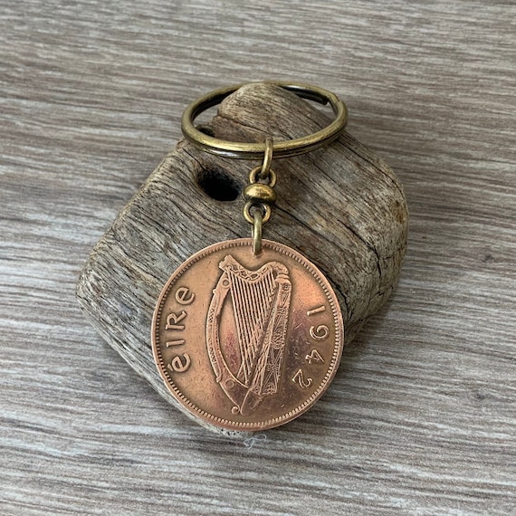 1942 or 1943 Irish penny keyring, keychain, or clip, choose coin year for a perfect birthday gift