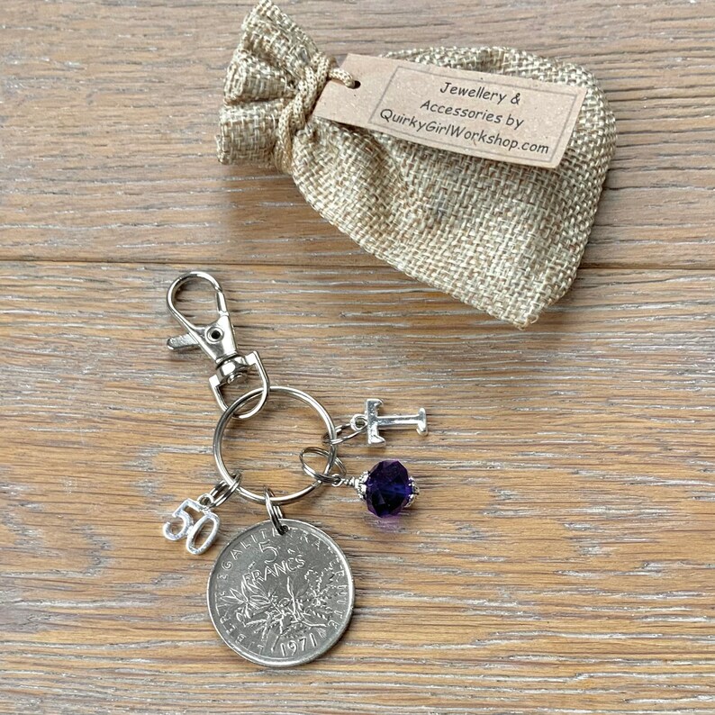 birthstone and initial France anniversary present for woman 50th birthday gift 1971 French 5 Franc coin bag charm clip
