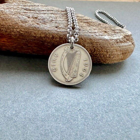 60th birthday gift, an Irish sixpence minted in 1964 handmade into a necklace with a stainless steel chain, Ireland 60th anniversary gift