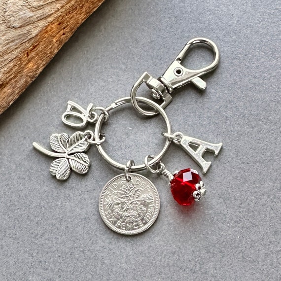 70th birthday gift, 1954 sixpence charm or bag clip, personalised gift choose initial and birthstone colour,