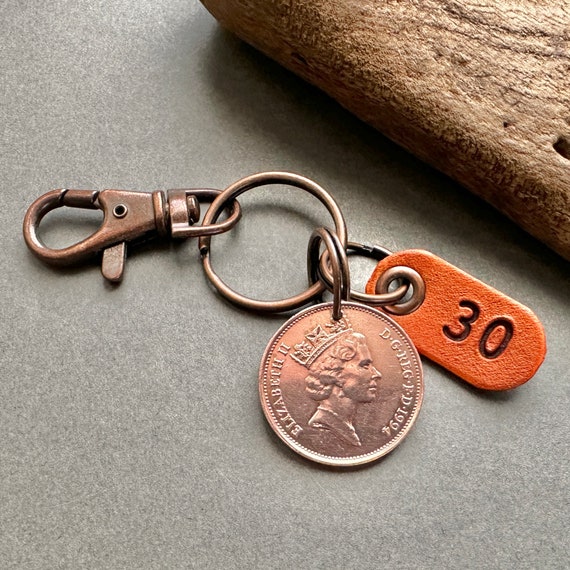 30th birthday or anniversary gift 1994 British two pence coin keychain, keyring or clip,  for a man or woman