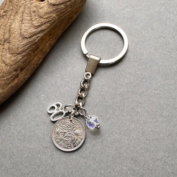 Diamond anniversary gift, 60th anniversary, 1964 British sixpence key ring, UK coin key chain, In a burlap gift pouch