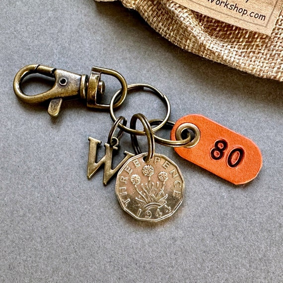 1944 British threepence clip style key ring, key chain a great useful gift for an 80th birthday in 2024