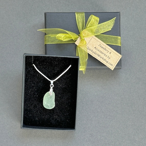 Natural sea glass pendant necklace on a silver plated snake chain, a romantic gift for a woman