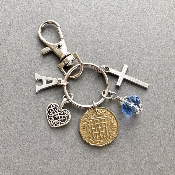 70th birthday gift, 1954 threepence charm or bag clip, personalised gift, choose initial and birthstone colour,