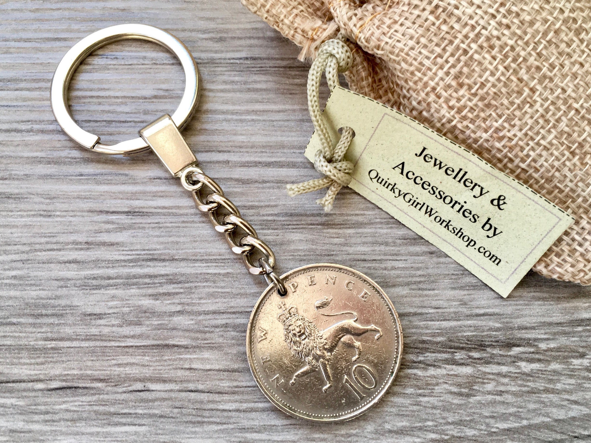 British ten pence coin key ring, available in 1977, 1979, 1980 or 1981