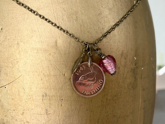 1943 Wren Farthing and pink heart necklace a perfect birthday gift, British bird coin pendent 81st birthday gift