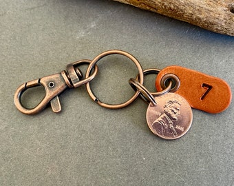 7th anniversary gift, 2016 or 2017 USA penny copper wedding anniversary, 7 years married, United States penny clip key chain