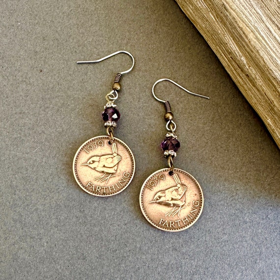 Wren Farthing earrings, handmade with purple cut glass beads, choose coin year for a perfect birthday gift, British pretty bird coin