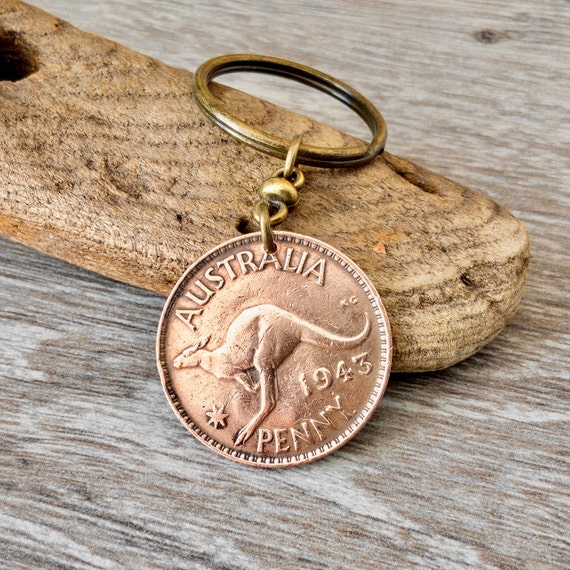 1943 Australian penny keychain or clip, 81st birthday gift, Aussie retirement, kangaroo keyring, Australia present for a man or woman