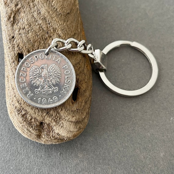 1949 Polish 1 Zloty coin keyring, 1949 coin from Poland handmade into a keychain, a perfect 75th birthday gift