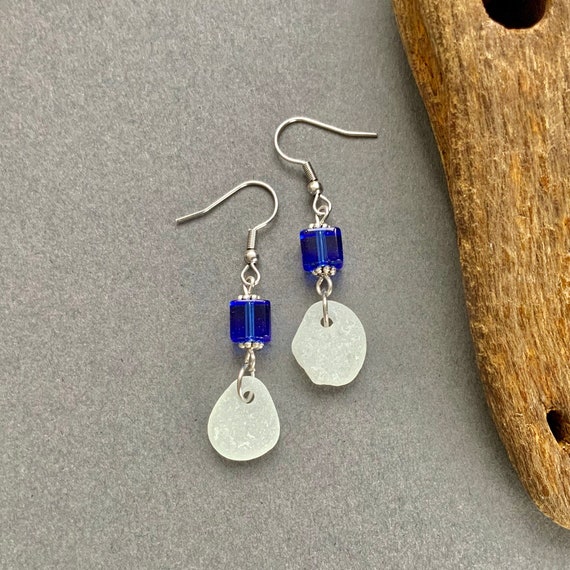 Sea glass earrings, Cornish beach glass jewellery, blue earrings, recycled glass