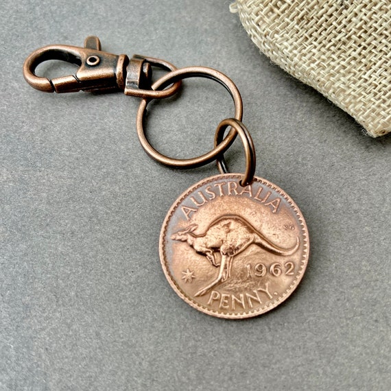 1962 Australian penny Key ring clip, Australia kangaroo coin, 62nd birthday or Anniversary gift, birth year coin