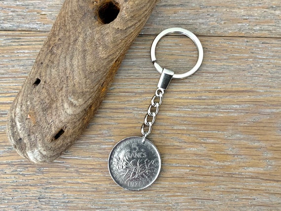 French 5 franc coin Key ring Choose coin year for a perfect birthday, retirement or anniversary present