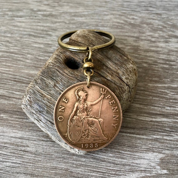 Big British penny keyring or clip, choose coin year 1932, 1934 or 1935  for a perfect birthday gift
