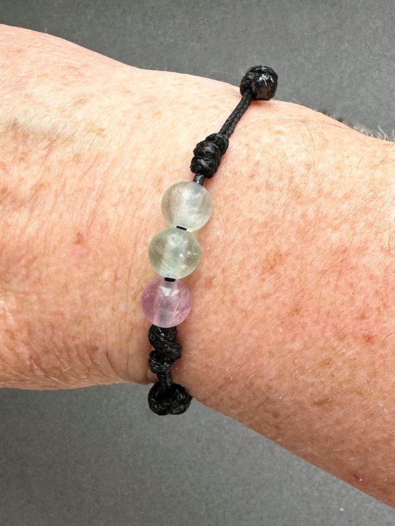 Fluorite bead adjustable knotted bracelet, simple jewellery, with a black waxed polyester cord