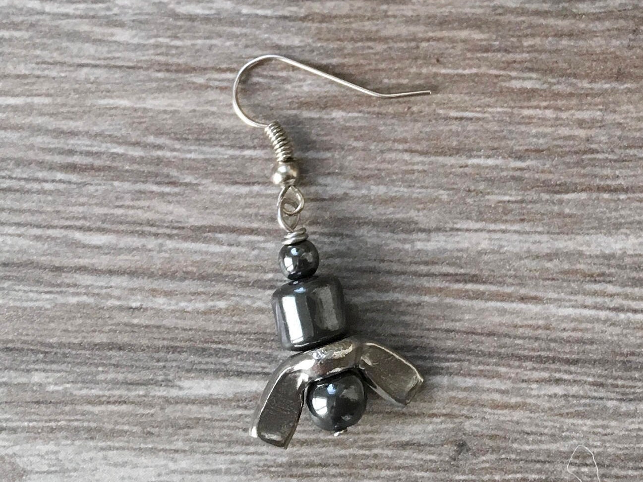 Single wing nut earring, Mens hematite bead jewellery, guys grey urban