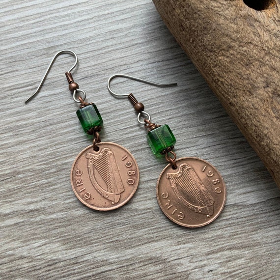 Irish penny and green bead dangle earrings, choose coin year for a perfect Birthday or anniversary gift