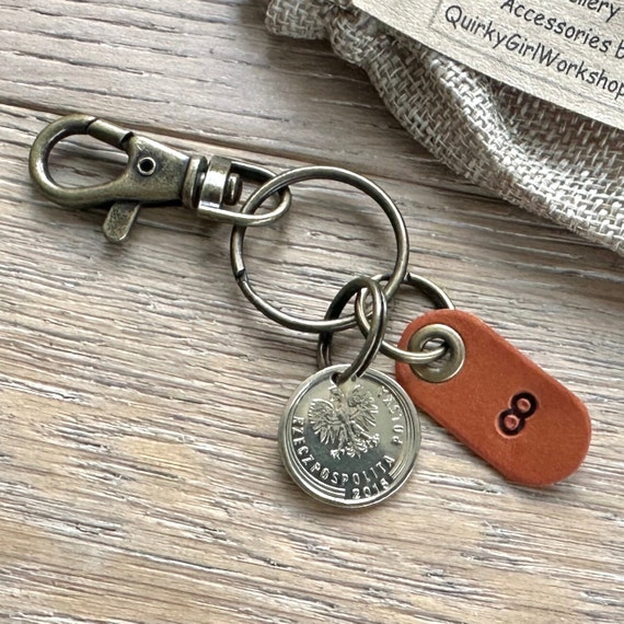 Polish 8th anniversary gift, 2016 5 Groszy clip style key ring. Poland bronze Anniversary present