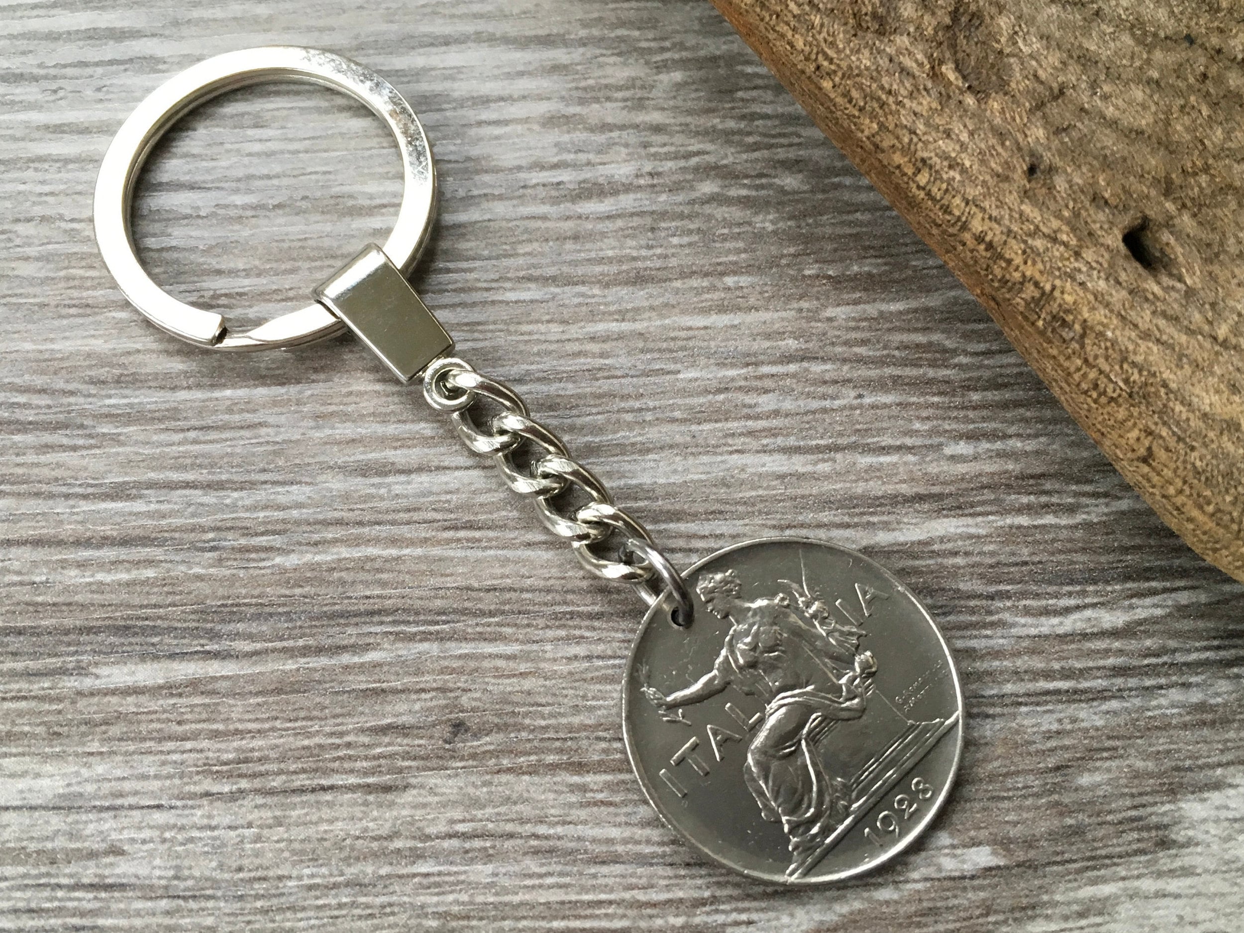 1928 Italian coin key ring, 90th birthday gift, Italy key chain, 1 lire