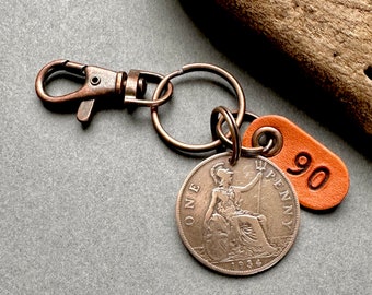 1934 British penny keychain clip, UK coin keyring, great for a 90th birthday gift English present for a man or woman