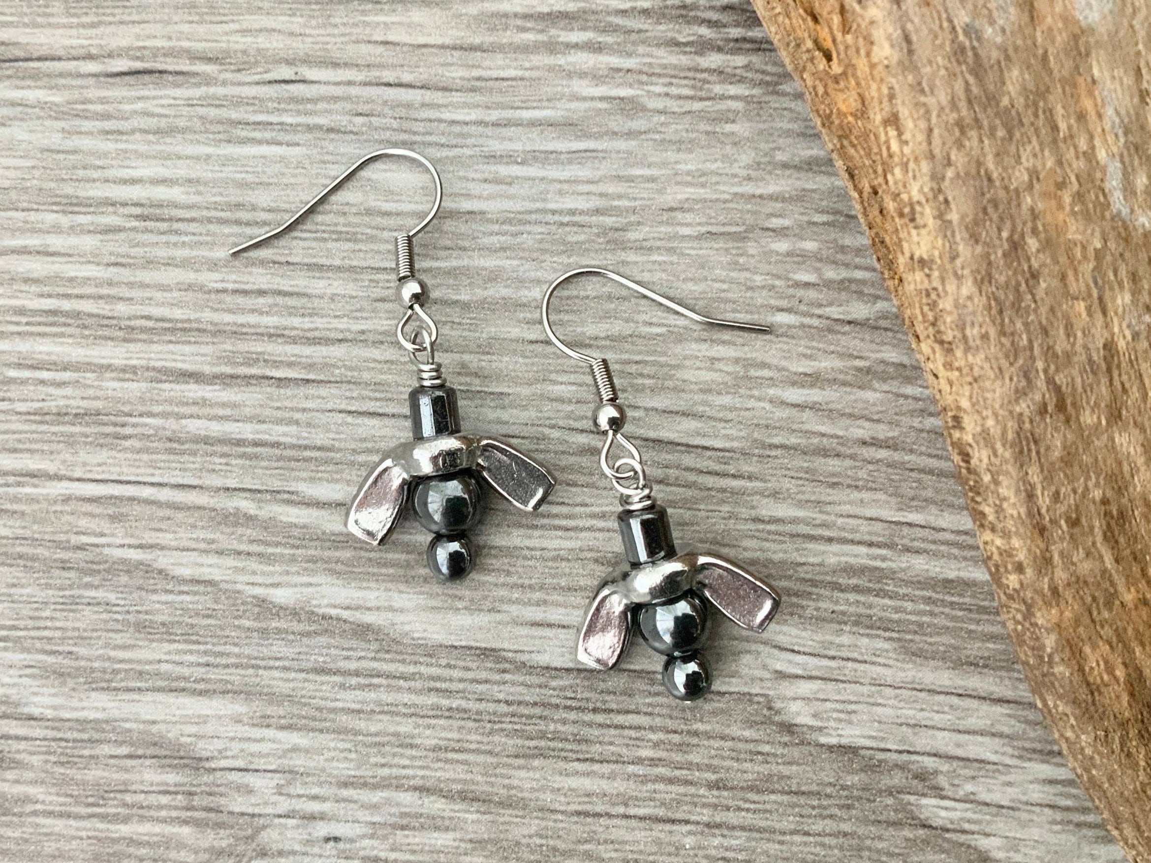 Wing nut earrings, hematite bead jewellery, grey urban long dangle