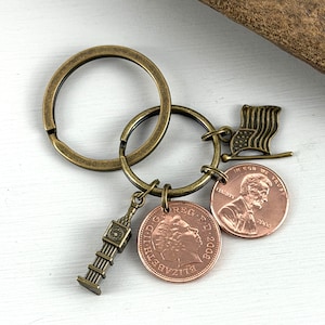 British penny and American penny keyring, Keychain or clip, a great transatlantic anniversary gift