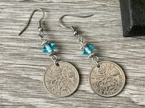 Long lucky sixpence earrings, 1953 - 1967 choose coin year, aquamarine blue dangle earring, birthday or anniversary gift for a woman