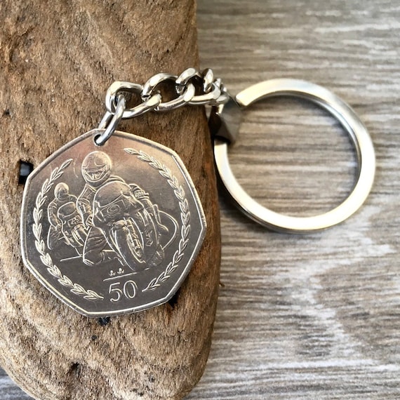 Isle of Man TT race keyring, 1997 Manx coin keychain, 27th birthday present, Anniversary gift, TT races, motorcycle, motorbike keyfob