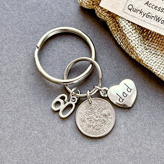 60th birthday gift for dad, a 1964 lucky sixpence Key ring or clip, 60th birthday for father