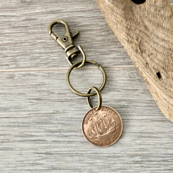 1943, 1944 or 1945 British half penny coin keychain, English sailing ship keyring or clip, choose coin year for a perfect birthday gift