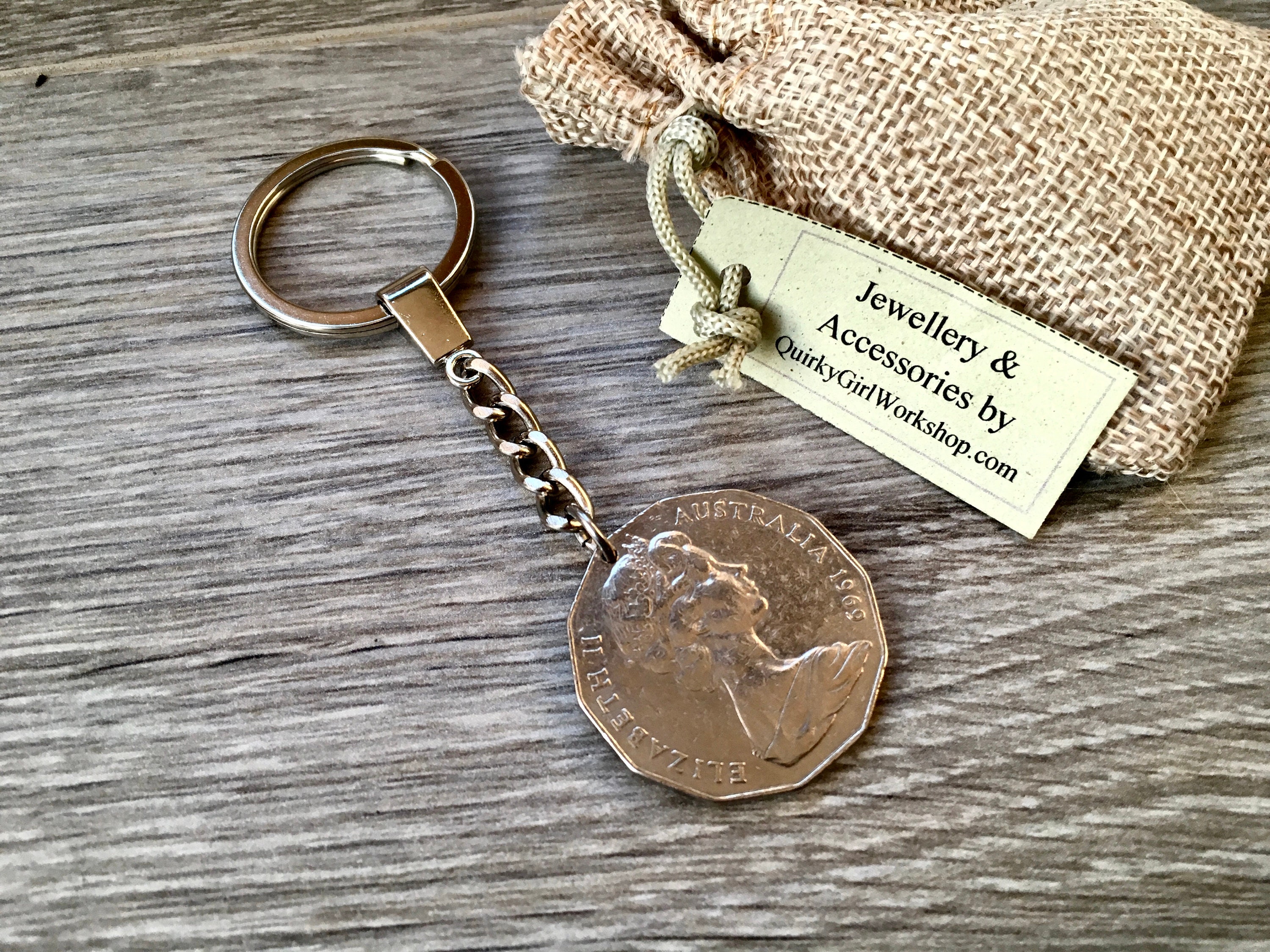 1969 Australian 50 cent coin keyring, keychain or clip