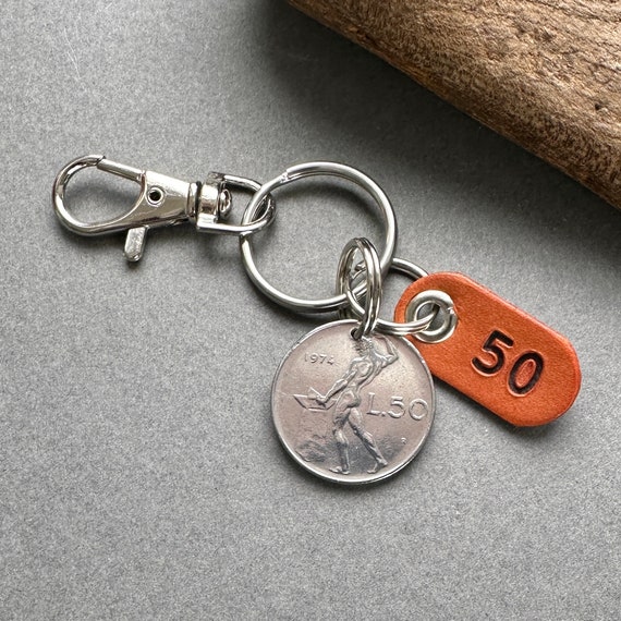 50th birthday gift, Italy key chain, 1974 Italian coin key ring, 50 Lire coin clip, anniversary present for a man or woman