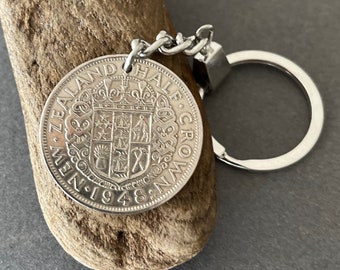 1948 New Zealand coin keyring, keychain, New Zealand half crown key fob, a perfect birthday gift for someone born in 1948