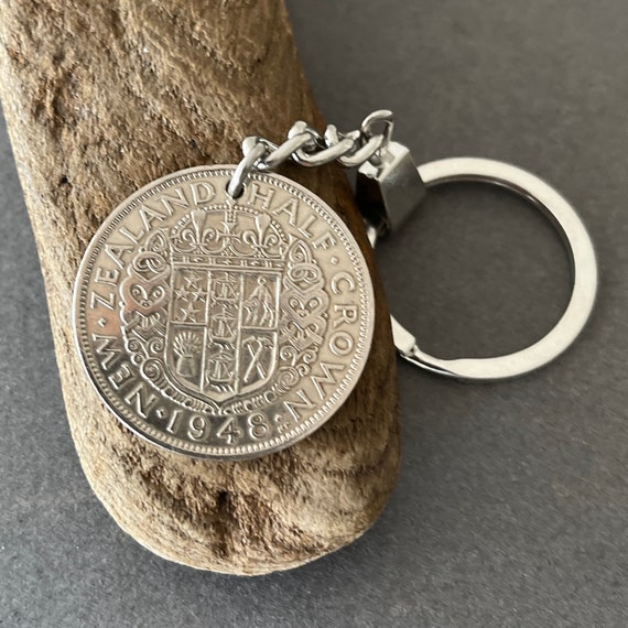 1948 New Zealand coin keyring, keychain, New Zealand half crown key fob, a perfect birthday gift for someone born in 1948