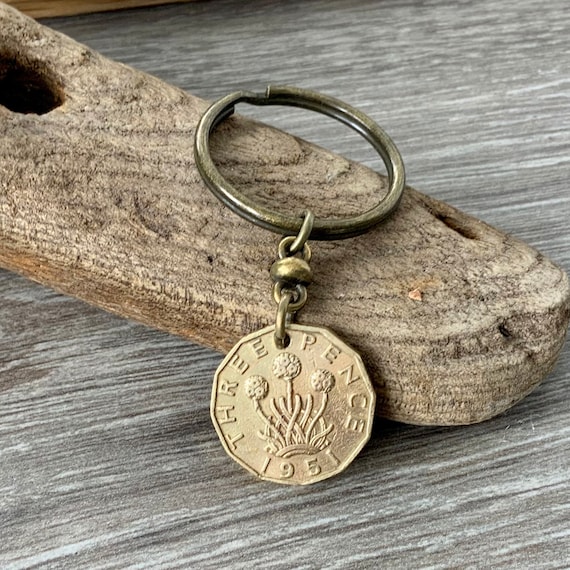 Vintage British threepence coin keyring, choose coin year 1950 or 1951 for a perfect gift for a 73rd or 74th  birthday