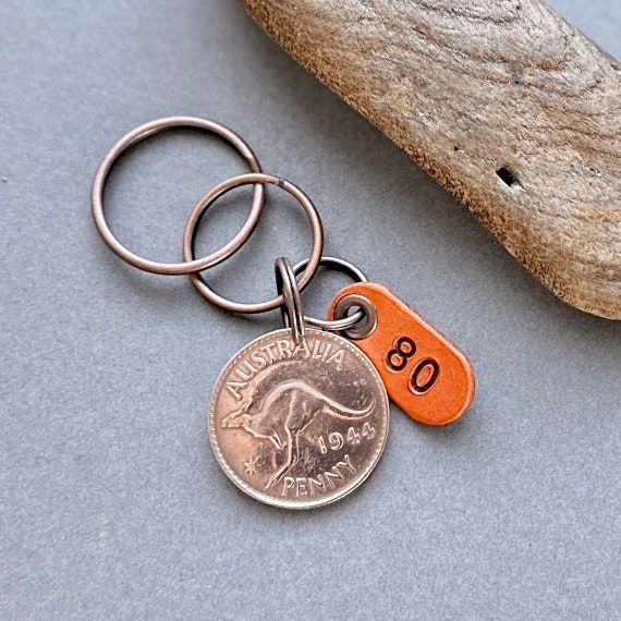 80th birthday gift, 1944 Australian kangaroo penny key ring or clip, Australia gift for an 80 year old