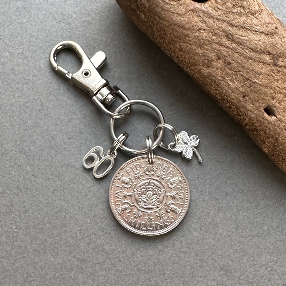 60th birthday or anniversary gift, a 1964 British Florin handmade into a clip style key ring, English Two shilling coin